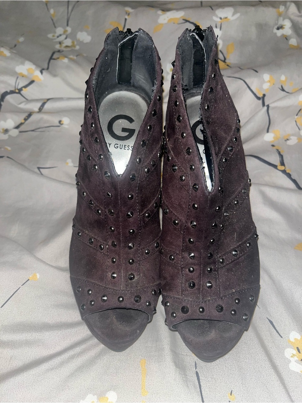GUESS Dark Brown Studded Suede Peep-Toe Mules